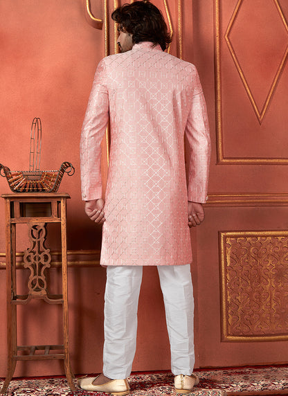 Silk Pink Wedding Wear Computer Thread Readymade Sherwani Set 348363