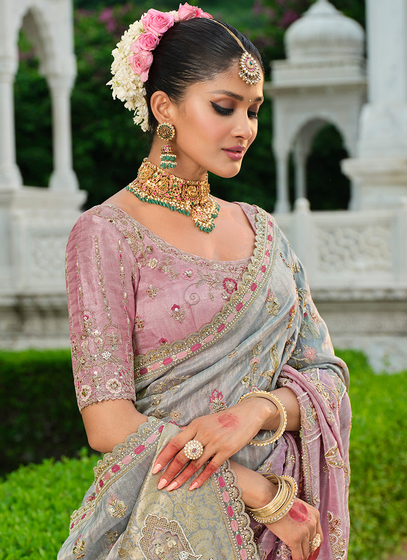 Zari Silk Pink Wedding Wear Embroidery Khatil Work Wedding Saree 388436