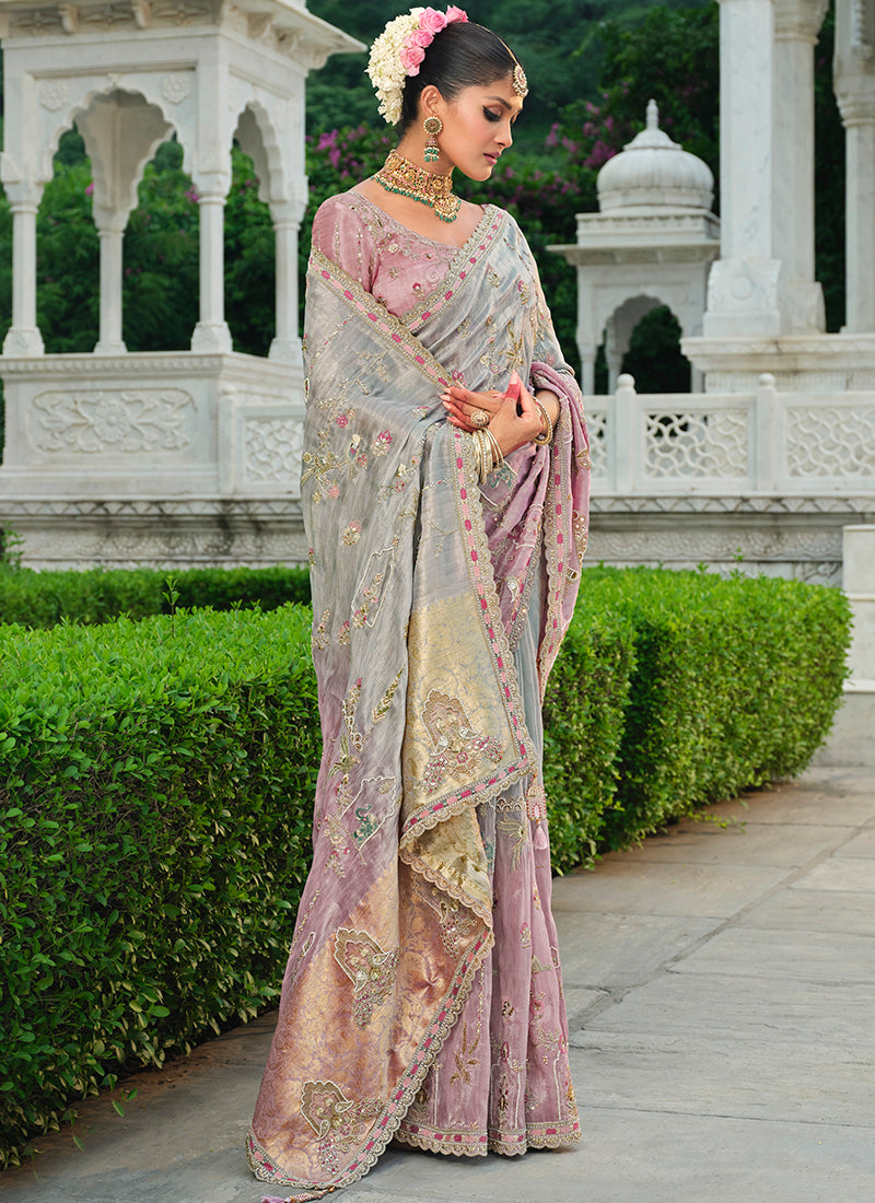 Zari Silk Pink Wedding Wear Embroidery Khatil Work Wedding Saree 388436