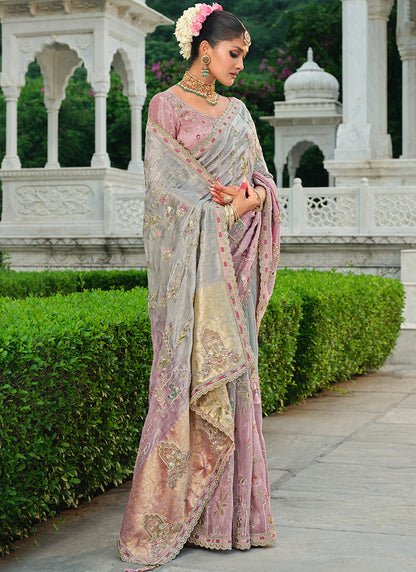 Zari Silk Pink Wedding Wear Embroidery Khatil Work Wedding Saree 388436