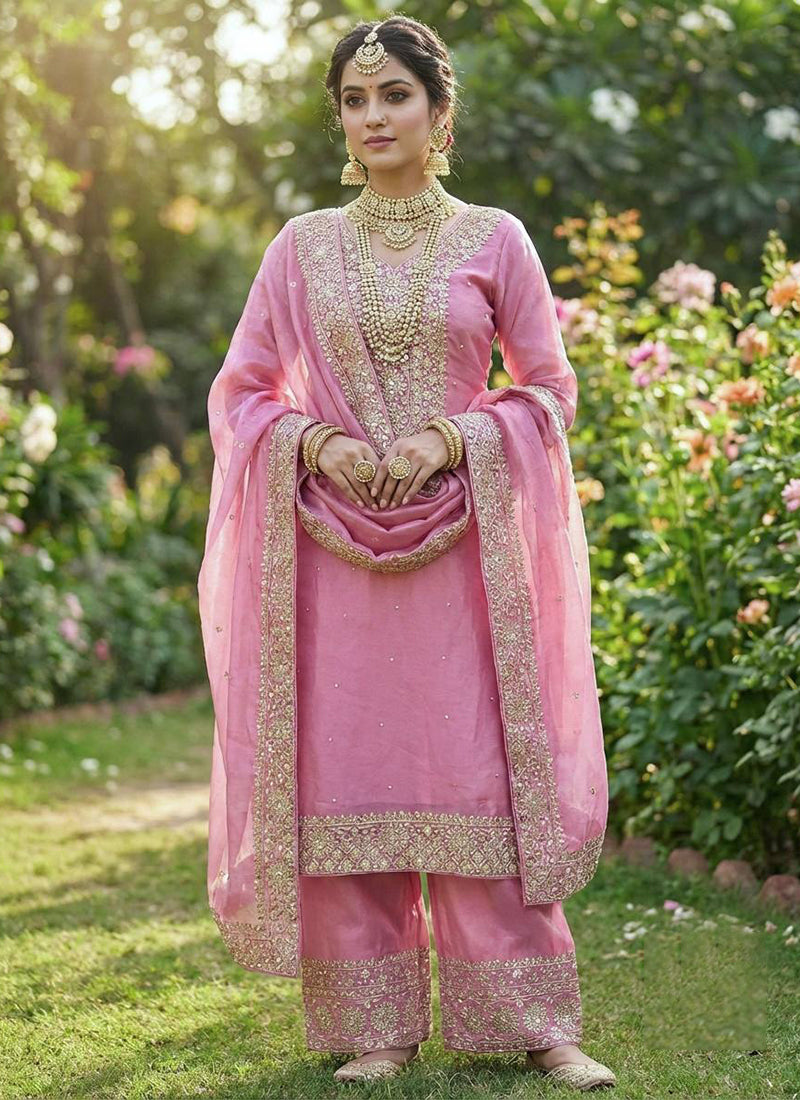 Silk Pink Festival Wear Embroidery Work Readymade Plazzo Suit 390542