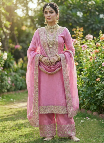 Silk Pink Festival Wear Embroidery Work Readymade Plazzo Suit 390542