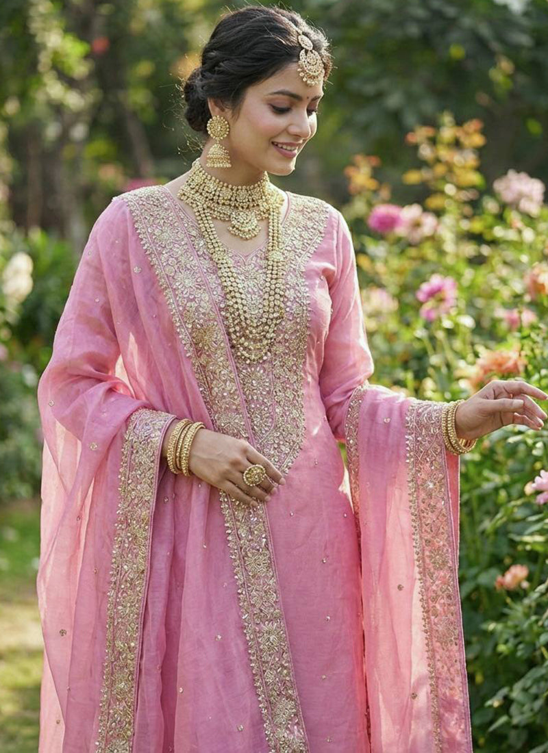Silk Pink Festival Wear Embroidery Work Readymade Plazzo Suit 390542