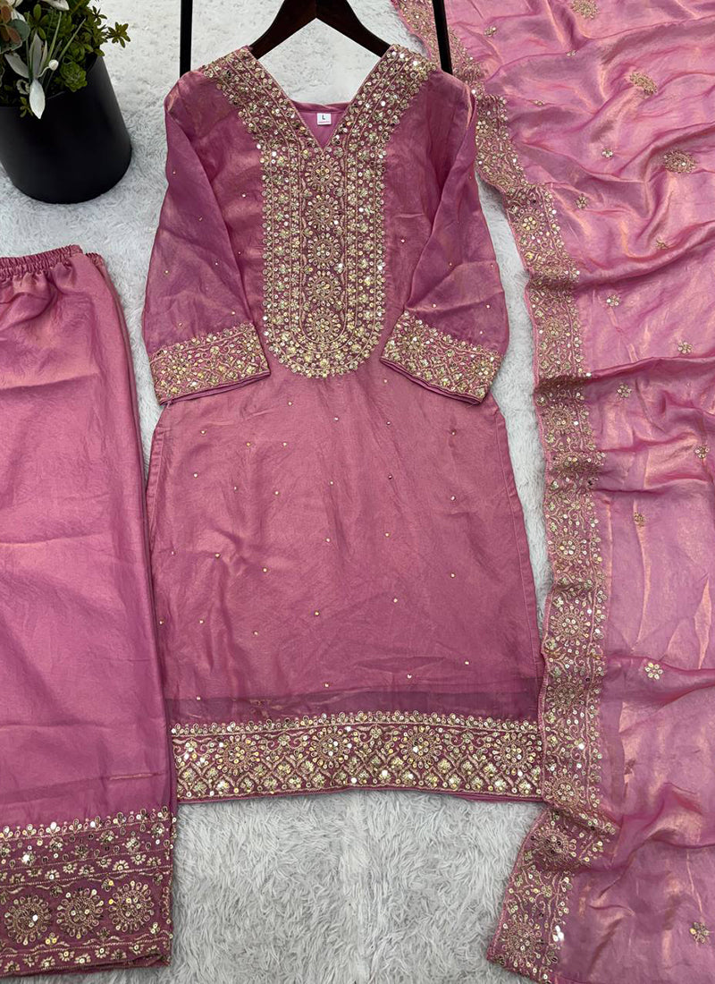 Silk Pink Festival Wear Embroidery Work Readymade Plazzo Suit 390542