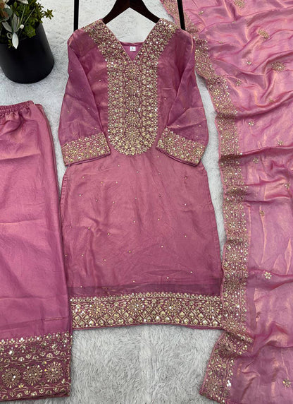 Silk Pink Festival Wear Embroidery Work Readymade Plazzo Suit 390542
