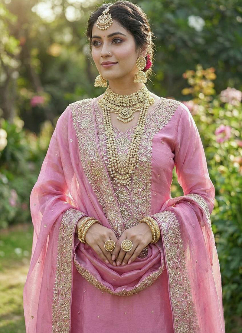 Silk Pink Festival Wear Embroidery Work Readymade Plazzo Suit 390542