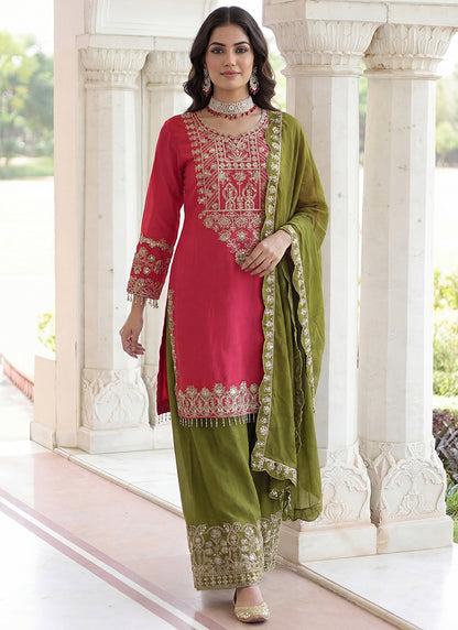 Pink Chinon Silk  Embroidery Work Party Wear Readymade Plazzo Suit SW383137