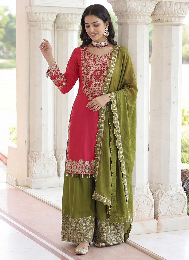 Pink Chinon Silk  Embroidery Work Party Wear Readymade Plazzo Suit SW383137