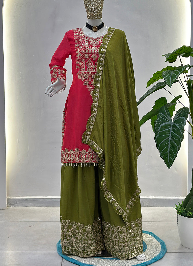 Pink Chinon Silk  Embroidery Work Party Wear Readymade Plazzo Suit SW383137