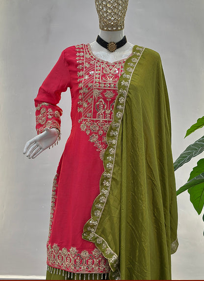 Pink Chinon Silk  Embroidery Work Party Wear Readymade Plazzo Suit SW383137