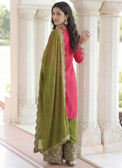 Pink Chinon Silk  Embroidery Work Party Wear Readymade Plazzo Suit SW383137