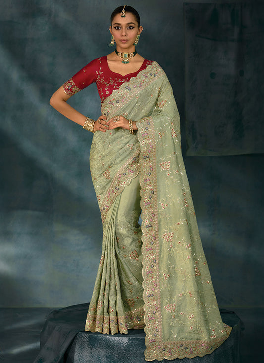 Banarasi Zari Pista Designer Saree with Heavy Work for Bridal Wear 384671