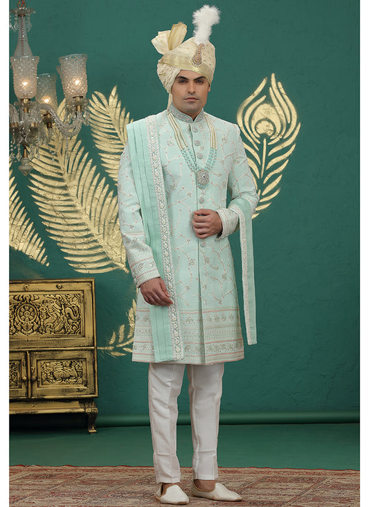 Art Silk Pista Green Groom Wear Thread Work Readymade Groom Sherwani 385482