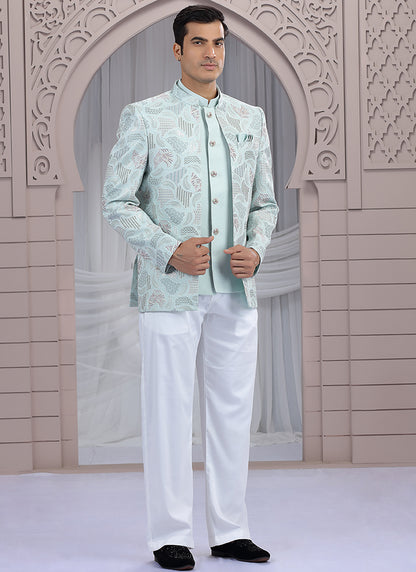 Art Silk Pista Green Wedding Wear Pattern Pc Work Readymade Indo Western 385494