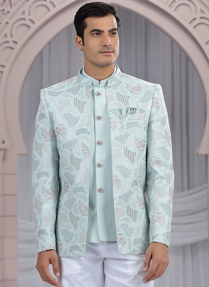 Art Silk Pista Green Wedding Wear Pattern Pc Work Readymade Indo Western 385494