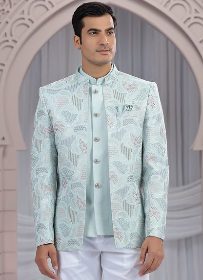 Art Silk Pista Green Wedding Wear Pattern Pc Work Readymade Indo Western 385494