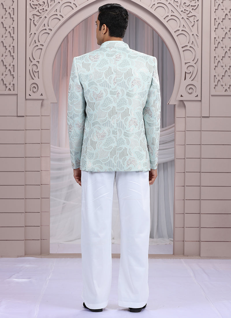 Art Silk Pista Green Wedding Wear Pattern Pc Work Readymade Indo Western 385494