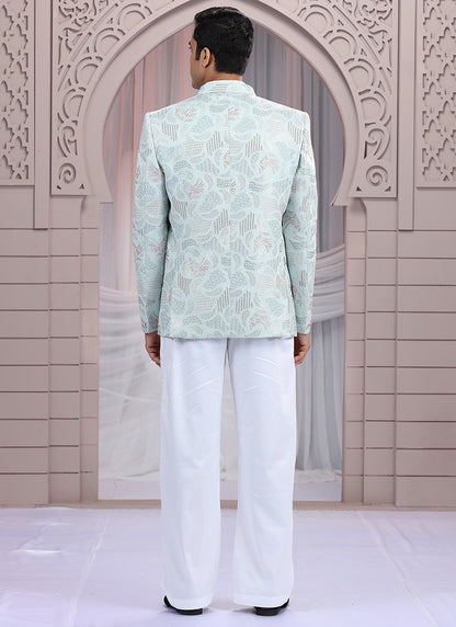 Art Silk Pista Green Wedding Wear Pattern Pc Work Readymade Indo Western 385494