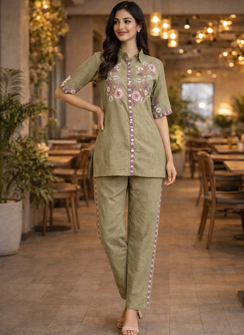 Pista Green Cotton Thread Work Casual Wear Readymade Cord Set SW865597