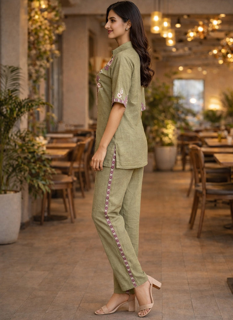 Pista Green Cotton Thread Work Casual Wear Readymade Cord Set SW865597