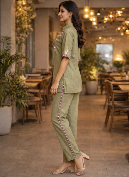 Pista Green Cotton Thread Work Casual Wear Readymade Cord Set SW865597