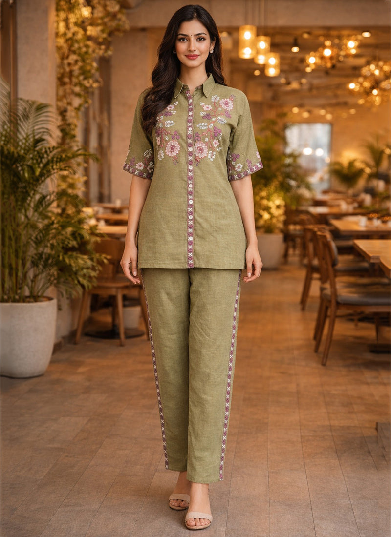 Pista Green Cotton Thread Work Casual Wear Readymade Cord Set SW865597