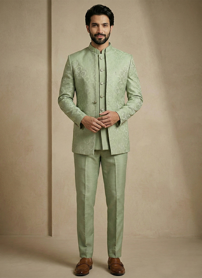 Pista Green Donier Satin Weaving Work Party Wear Readymade Indo Western Suit SW102453
