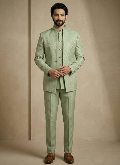 Pista Green Donier Satin Weaving Work Party Wear Readymade Indo Western Suit SW102453
