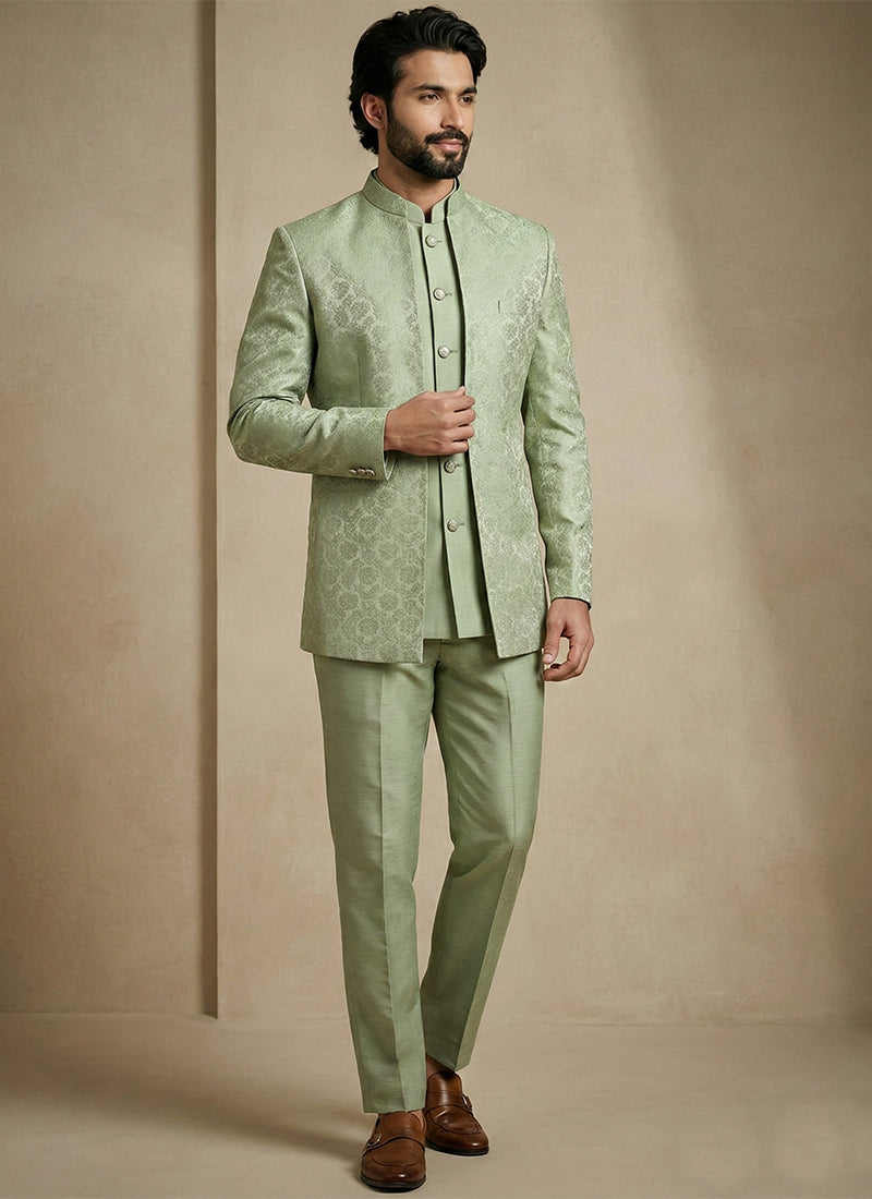 Pista Green Donier Satin Weaving Work Party Wear Readymade Indo Western Suit SW102453