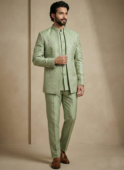 Pista Green Donier Satin Weaving Work Party Wear Readymade Indo Western Suit SW102453