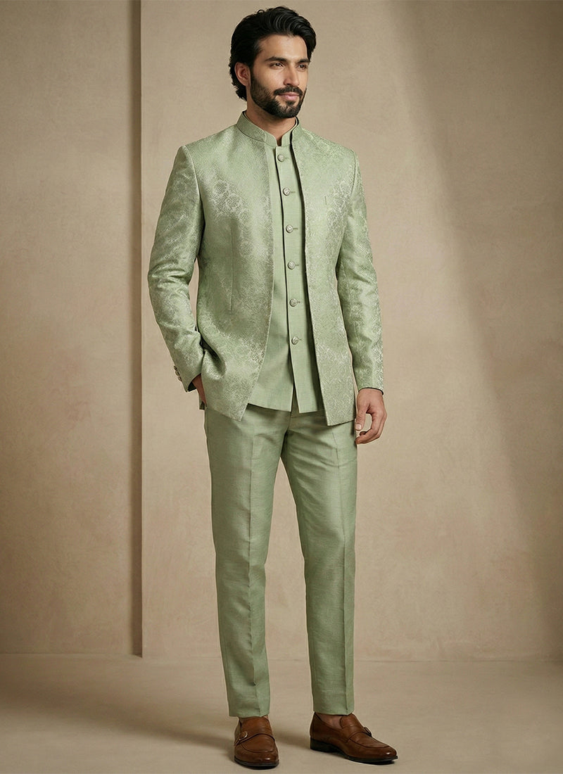 Pista Green Donier Satin Weaving Work Party Wear Readymade Indo Western Suit SW102453