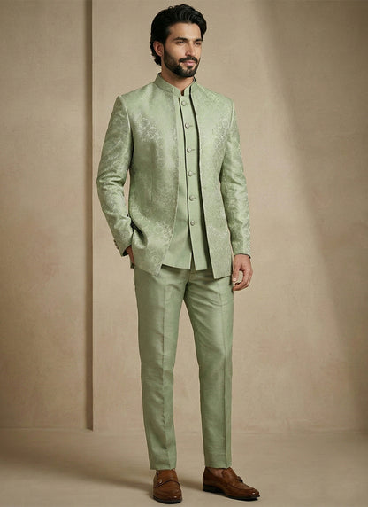 Pista Green Donier Satin Weaving Work Party Wear Readymade Indo Western Suit SW102453