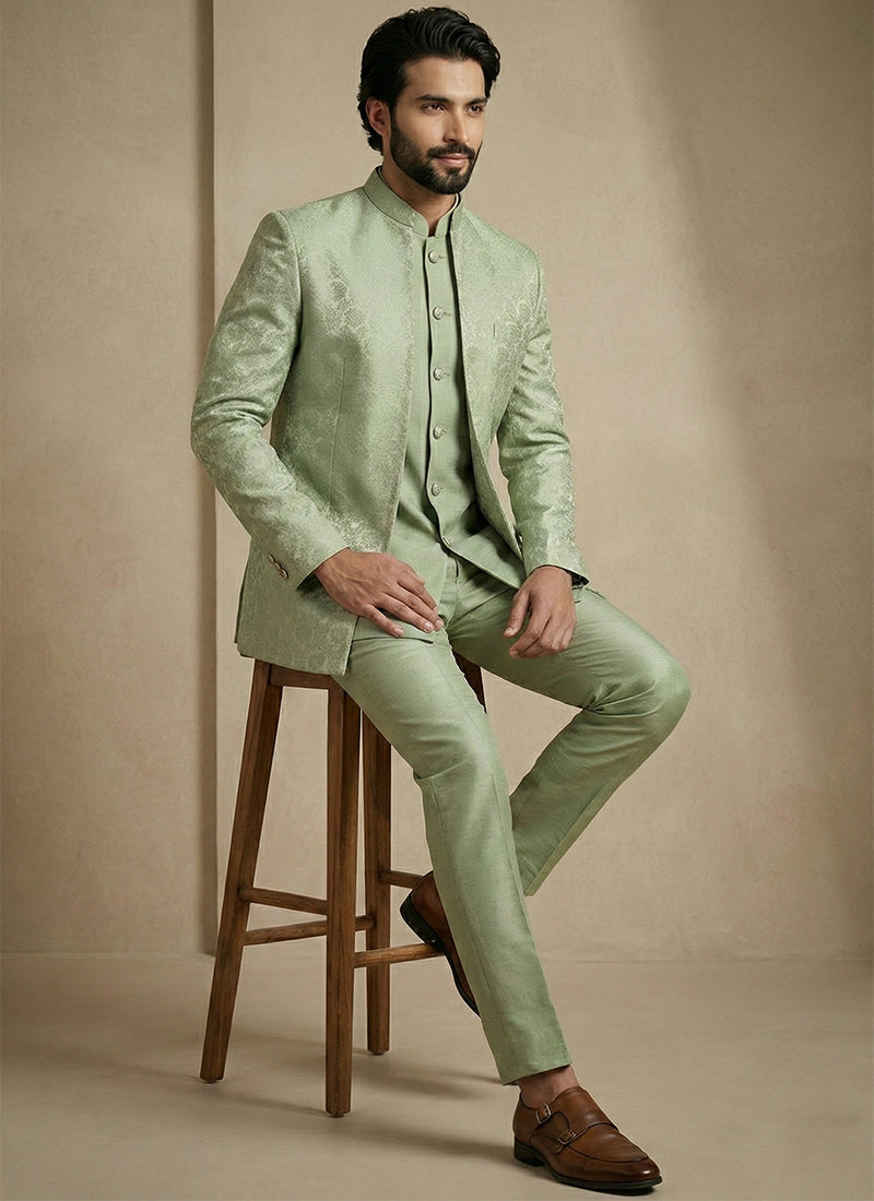 Pista Green Donier Satin Weaving Work Party Wear Readymade Indo Western Suit SW102453