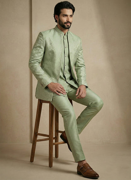 Pista Green Donier Satin Weaving Work Party Wear Readymade Indo Western Suit SW102453