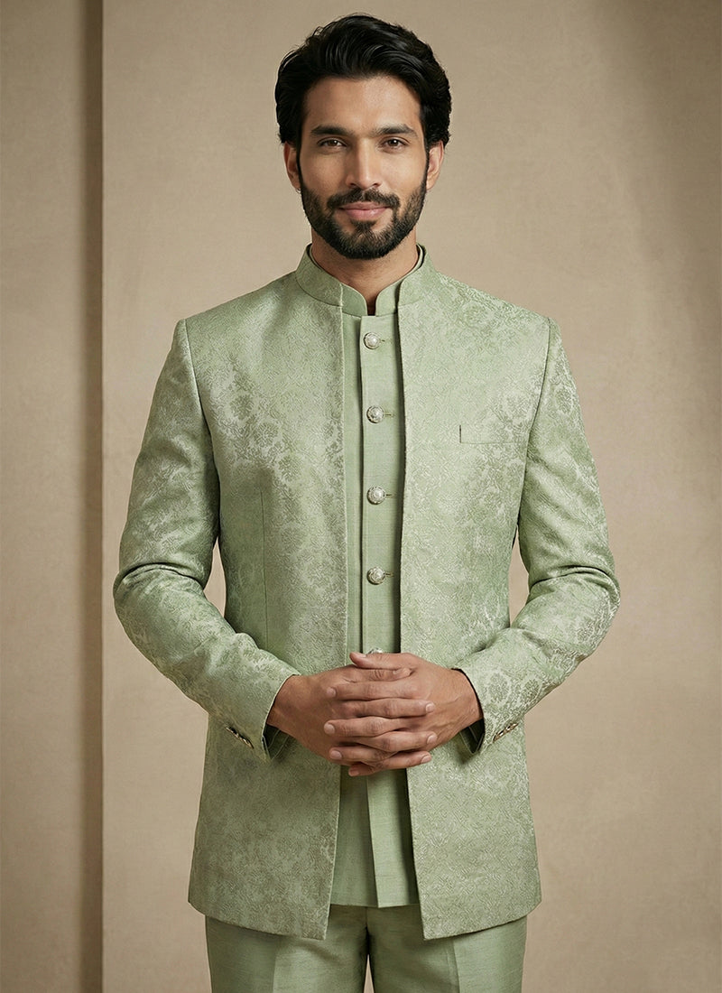 Pista Green Donier Satin Weaving Work Party Wear Readymade Indo Western Suit SW102453