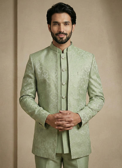 Pista Green Donier Satin Weaving Work Party Wear Readymade Indo Western Suit SW102453