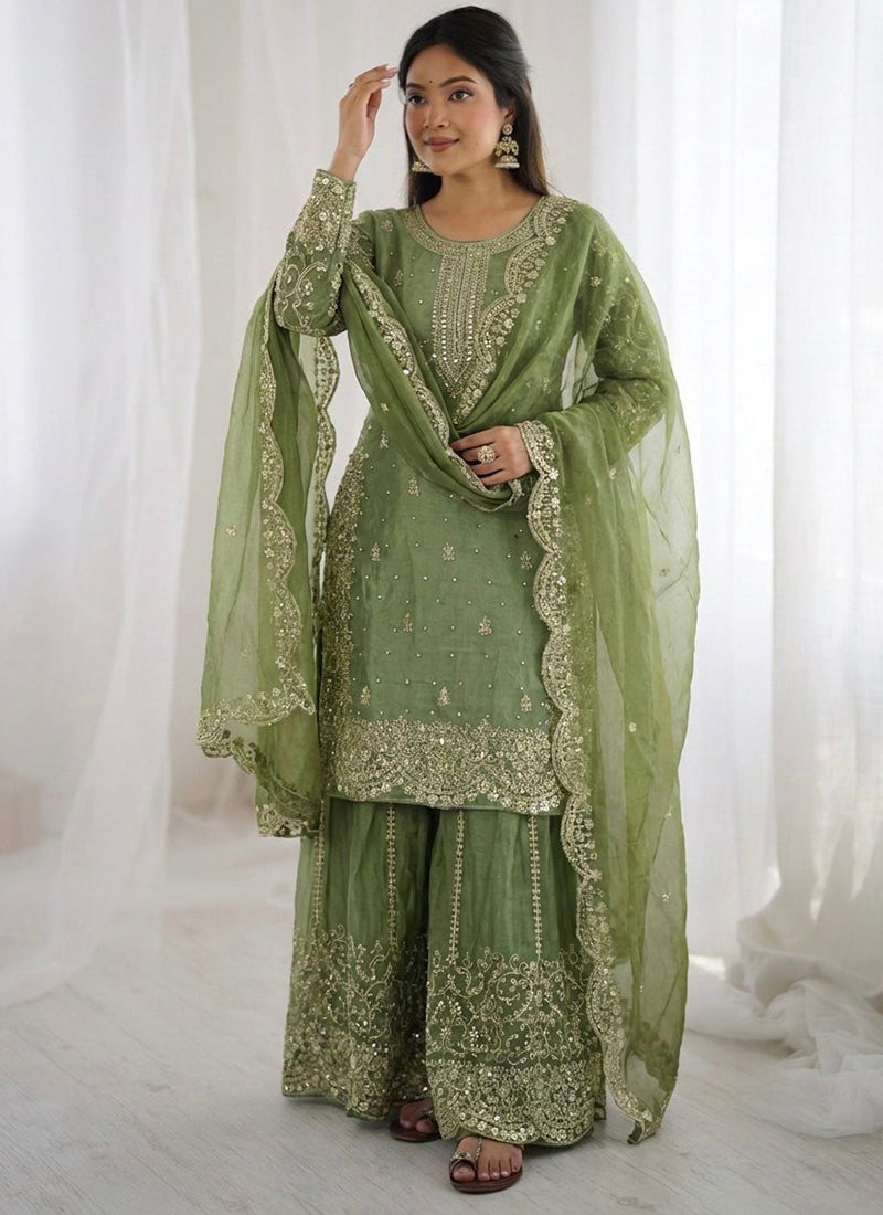 Pista Green Fendy Silk Embroidery Work Occasional Wear Readymade Plazzo Suit SW262169