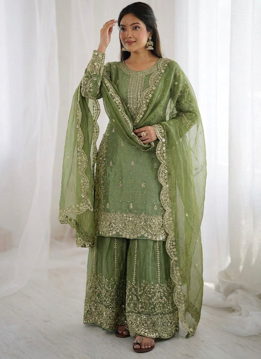 Pista Green Fendy Silk Embroidery Work Occasional Wear Readymade Plazzo Suit SW262169