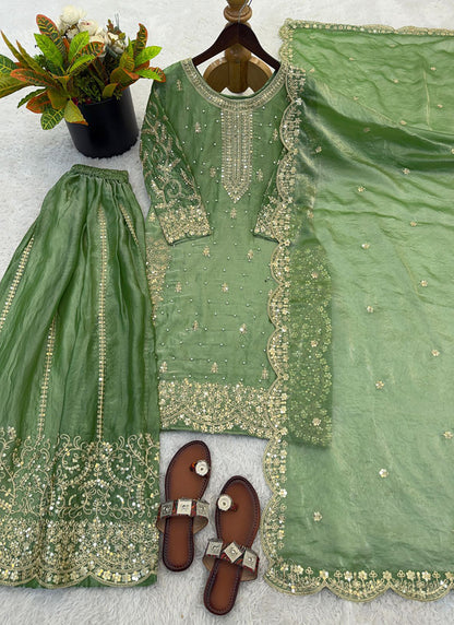 Pista Green Fendy Silk Embroidery Work Occasional Wear Readymade Plazzo Suit SW262169