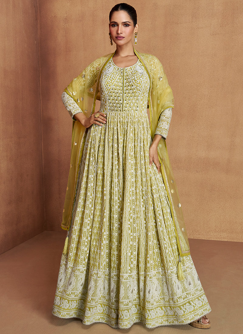 Pista Green Georgette Embroidery Work Festival Wear Readymade Anarkali Suit SW578276