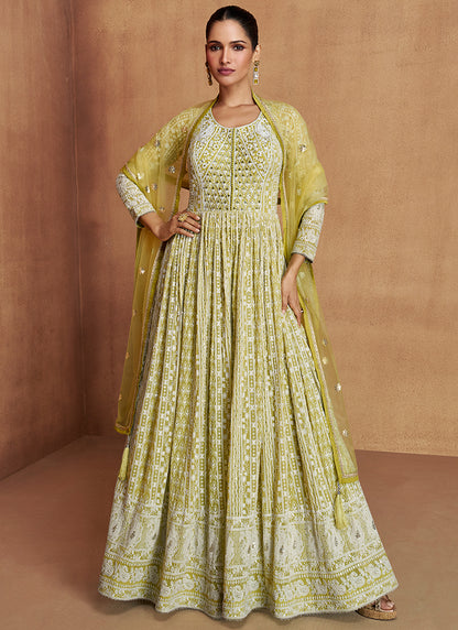 Pista Green Georgette Embroidery Work Festival Wear Readymade Anarkali Suit SW578276
