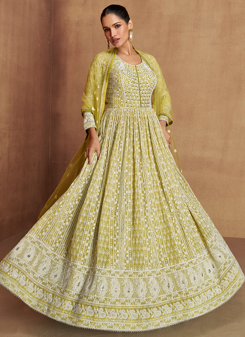 Pista Green Georgette Embroidery Work Festival Wear Readymade Anarkali Suit SW578276