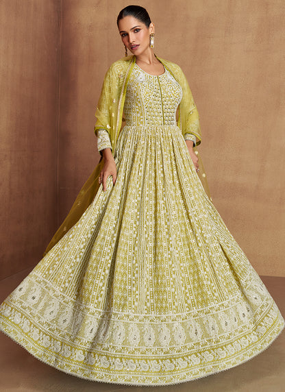 Pista Green Georgette Embroidery Work Festival Wear Readymade Anarkali Suit SW578276
