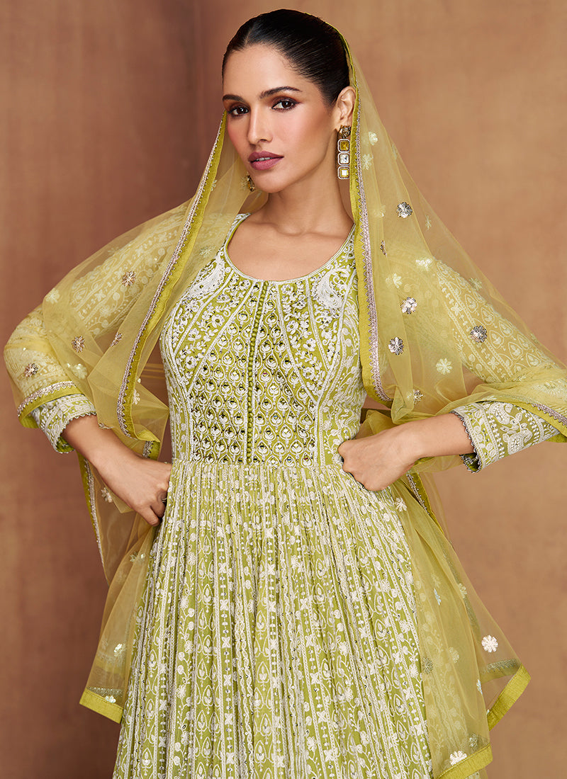 Pista Green Georgette Embroidery Work Festival Wear Readymade Anarkali Suit SW578276