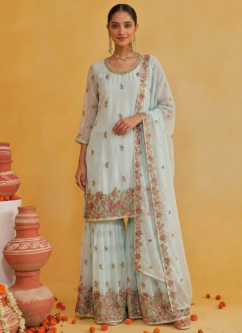 Pista Green Georgette Embroidery Work Party Wear Readymade Sharara Suit SW741111