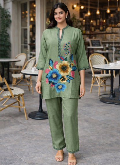 Pista Green Linen Cotton Thread Work Casual Wear Readymade Cord Set SW758067