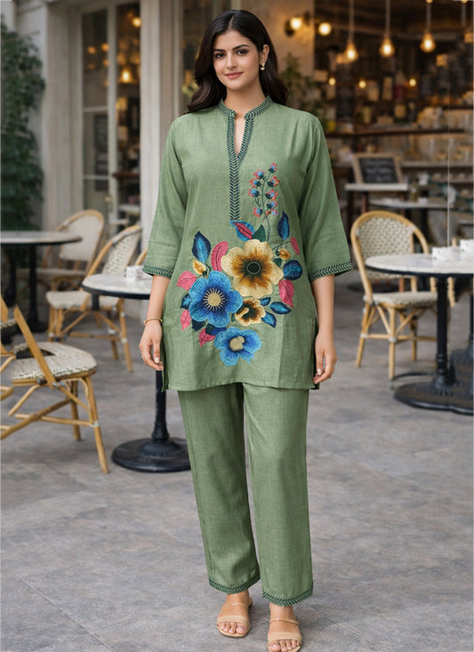 Pista Green Linen Cotton Thread Work Casual Wear Readymade Cord Set SW758067