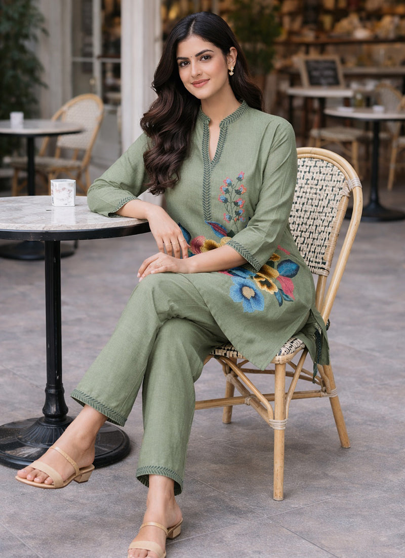 Pista Green Linen Cotton Thread Work Casual Wear Readymade Cord Set SW758067