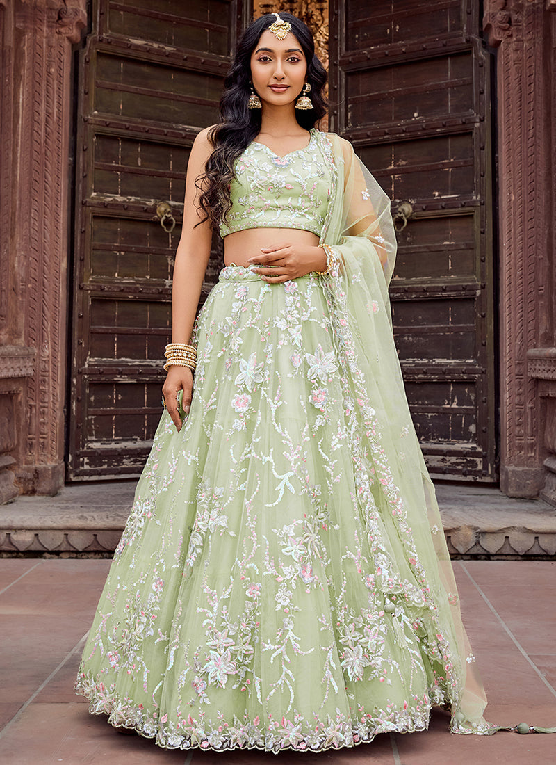Net Pista Green Designer Wear Sequins Work Lehenga Choli 387247