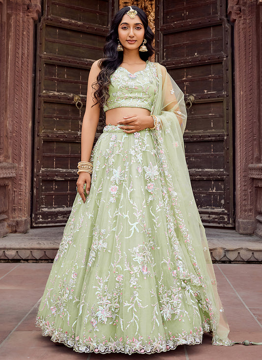 Net Pista Green Designer Wear Sequins Work Lehenga Choli 387247